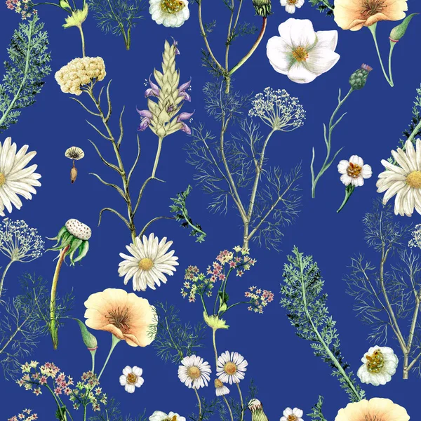 Patrón Sin Costura Acuarela Flores Silvestres Dibujadas Mano — Foto de Stock