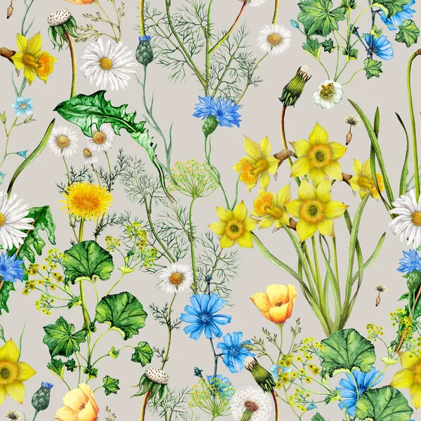 Aquarell Nahtloses Muster Handgezeichneter Frühlingsblumen — Stockfoto