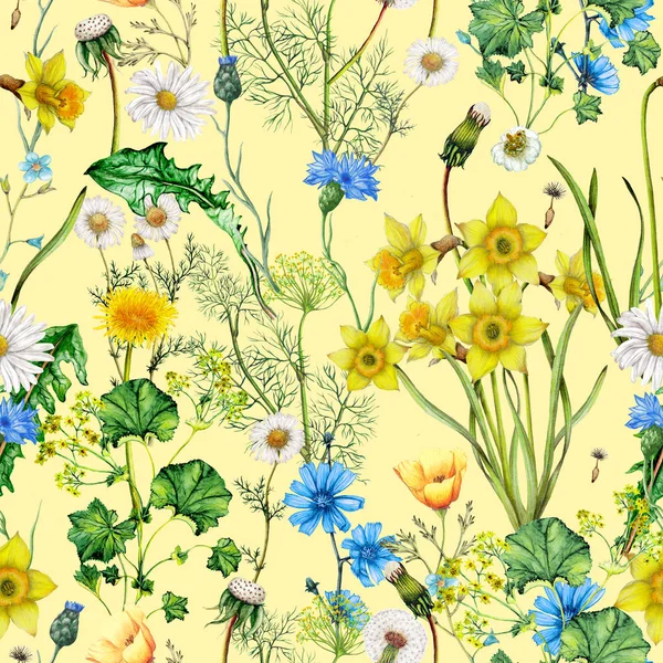 Akvarel Bezešvný Vzor Ručně Kreslené Jarní Květiny — Stock fotografie