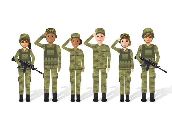 Militares, hombres y mujeres soldados — Vector de stock
