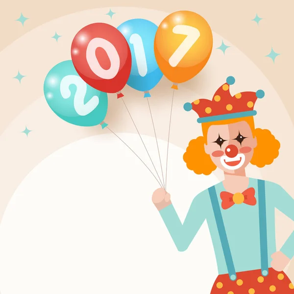 Clown holding bunch of colorful balloons — Stock Vector