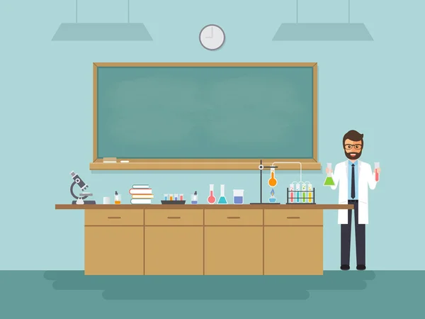 Naturwissenschaftlicher Lehrer unterrichtet Schüler im Klassenzimmer. — Stockvektor