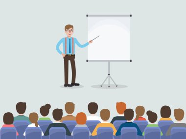 Bir grup işçi, işadamı ve iş kadını konferans salonunda ya da ofiste buluşuyorlar. Düz tasarım insan karakterleri.