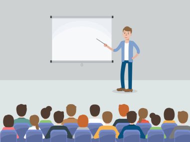 Bir grup işçi, işadamı ve iş kadını konferans salonunda ya da ofiste buluşuyorlar. Düz tasarım insan karakterleri.
