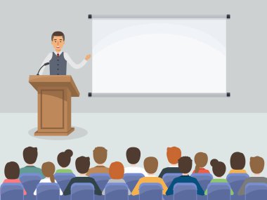 Bir grup işçi, işadamı ve iş kadını konferans salonunda ya da ofiste buluşuyorlar. Düz tasarım insan karakterleri.