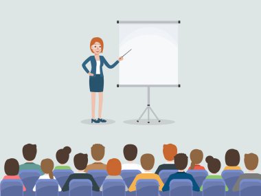 Bir grup işçi, işadamı ve iş kadını konferans salonunda ya da ofiste buluşuyorlar. Düz tasarım insan karakterleri.