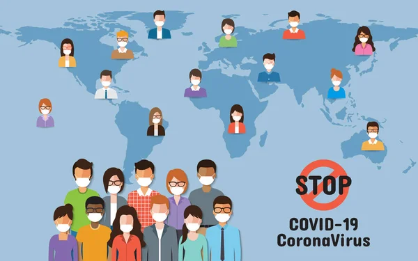 Folk Runt Världen Bär Ansiktsmasker Som Slåss För Coronavirus Covid — Stock vektor