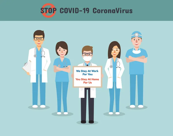 看護師 医療スタッフは コロナウイルスやCovid 19の拡散を避けるために 自宅にいることを要求するポスターを保持しています コロナウイルス 病気の意識 ロイヤリティフリーのストックイラスト