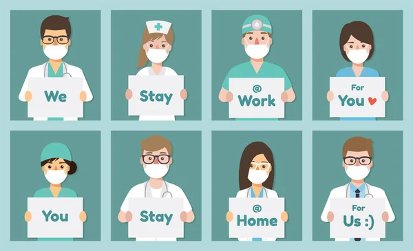 Orvosok Nővérek Egészségügyi Dolgozók Akik Posztert Tartanak Kérik Embereket Hogy Stock Illusztrációk