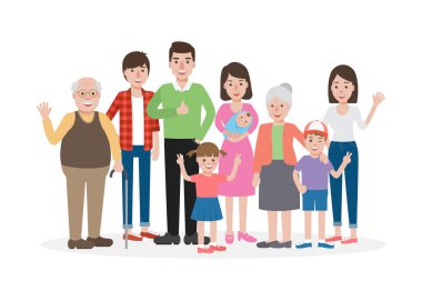 Mutlu aile üyeleri, büyükbaba, büyükanne, baba, erkek ve kız kardeşler, gülümseyerek aile fotoğrafı çekiyorlar..