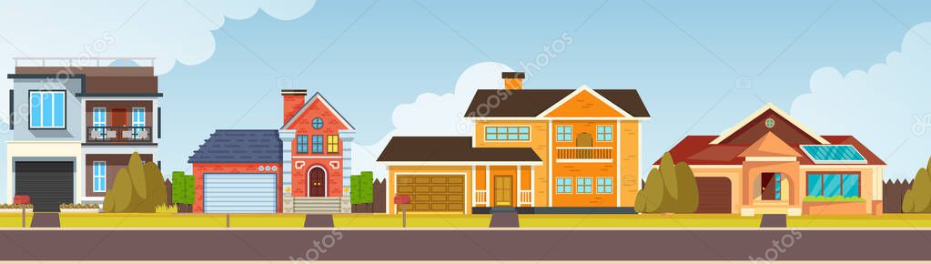 Row of different houses along the street. Home house in flat design style. Large suburban homes. Colorful residential house. Building, exterior, modern. cityscape template with cottages vector. — Stock Illustration Row Different Houses Street Home House Flat Design Style Large Stock Vector