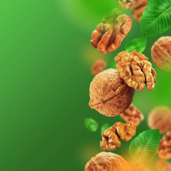 Walnuts and leaves falling from the air — Stock Photo, Image