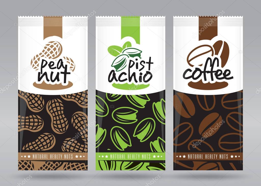 Vectory and quality dried nuts packaging set.