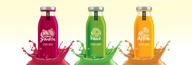 Meyve suyu şişesi seti, nar, kivi, ananas çıkartması tasarımı..