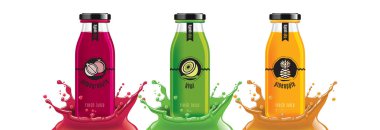 Meyve suyu şişesi seti, nar, kivi, ananas çıkartması tasarımı..