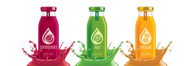 Meyve suyu şişesi seti, nar, kivi, ananas çıkartması tasarımı..