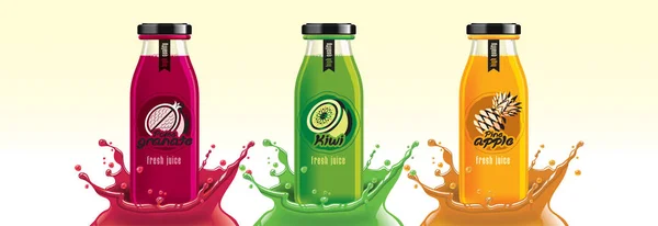 Fruit juice splash bottle set, pomegranate, kiwi, pineapple sticker design. — Stock Vector