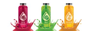 Meyve suyu şişesi seti, nar, kivi, ananas çıkartması tasarımı..