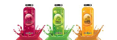 Meyve suyu şişesi seti, nar, kivi, ananas çıkartması tasarımı..