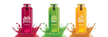 Meyve suyu şişesi seti, nar, kivi, ananas çıkartması tasarımı..