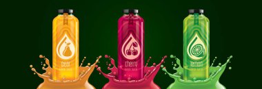 Meyve suyu sıçrama şişesi seti, armut, kiraz, limon çıkartması tasarımı.