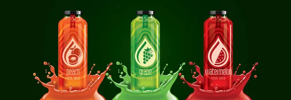 Set di bottiglie di spruzzi di succo di frutta, pesca, uva, design adesivo anguria . — Vettoriale Stock