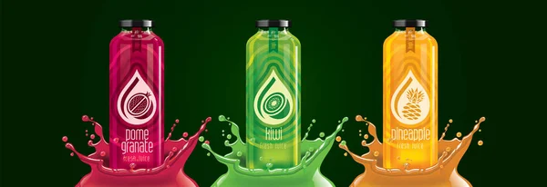 Frutas suco splash garrafa set, romã, kiwi, design adesivo de abacaxi . — Vetor de Stock