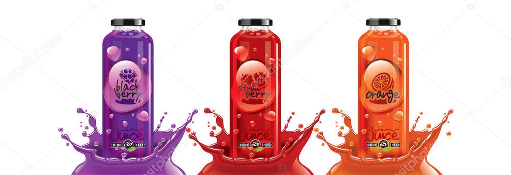 Fruit juice splash bottle set, blackberry, strawberry, orange sticker design.