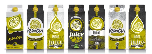 Listo diseño vector jugo de limón, conjunto de paquetes de frutas — Archivo Imágenes Vectoriales