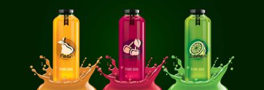 Meyve suyu sıçrama şişesi seti, armut, kiraz, limon çıkartması tasarımı.