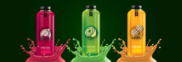 Fruit juice splash bottle set, pomegranate, kiwi, pineapple sticker design. — Stock Vector