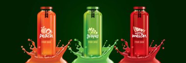 Meyve suyu sıçrama şişesi seti, şeftali, üzüm, karpuz çıkartması tasarımı..