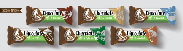 Diseño de envasado de vectores de barra de chocolate. Conjunto de chocolate frutos secos . — Vector de stock