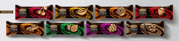 Design balení čokoládových tyčinek. Ovocná a kořeněná čokoládová sada. — Stockový vektor