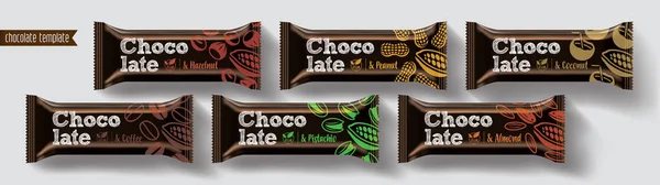 Diseño de envasado de vectores de barra de chocolate. Conjunto de chocolate frutos secos . — Archivo Imágenes Vectoriales