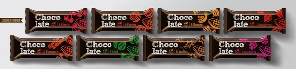 Csokoládé rúd vektor csomagolás design. Gyümölcs és fűszeres csokoládé készlet. — Stock Vector