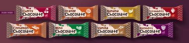 Chocolate bar vector packaging design. Fruit and spicy chocolate set.