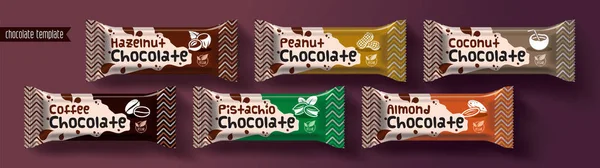 Diseño de envasado de vectores de barra de chocolate. Conjunto de chocolate frutos secos . — Vector de stock