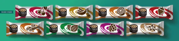 Diseño de envasado de vectores de barra de chocolate. Set de frutas y chocolate picante . — Vector de stock