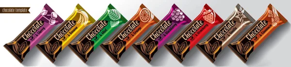 Design balení čokoládových tyčinek. Ovocná a kořeněná čokoládová sada. — Stockový vektor