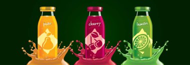 Meyve suyu sıçrama şişesi seti, armut, kiraz, limon çıkartması tasarımı.