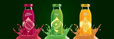 Meyve suyu şişesi seti, nar, kivi, ananas çıkartması tasarımı..