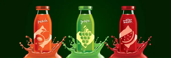 Conjunto de botellas de jugo de fruta, melocotón, uva, diseño de pegatina de sandía . — Vector de stock