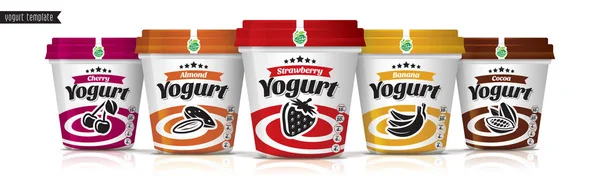 Diseño de empaquetado de vectores de yogur. Conjunto de yogur de frutas y frutos secos . — Vector de stock