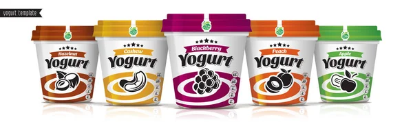 Progettazione di imballaggi vettoriali di yogurt. Set yogurt frutta e noci . — Vettoriale Stock