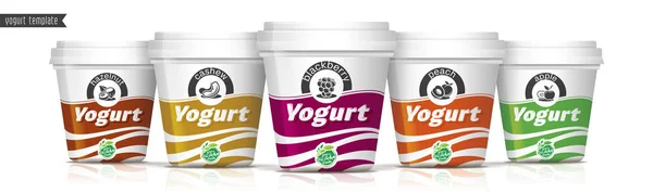Design av vektorförpackningar för yoghurt. Frukt och nötter yoghurt set. — Stock vektor