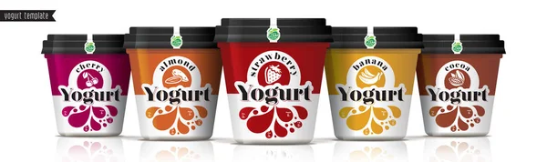 Diseño de empaquetado de vectores de yogur. Conjunto de yogur de frutas y frutos secos . — Archivo Imágenes Vectoriales