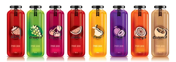 Listo diseño de jugo de vectores, botella de vidrio de fruta conjunto — Vector de stock
