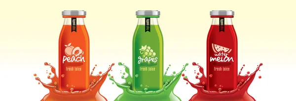 Conjunto de botellas de jugo de fruta, melocotón, uva, diseño de pegatina de sandía . — Vector de stock