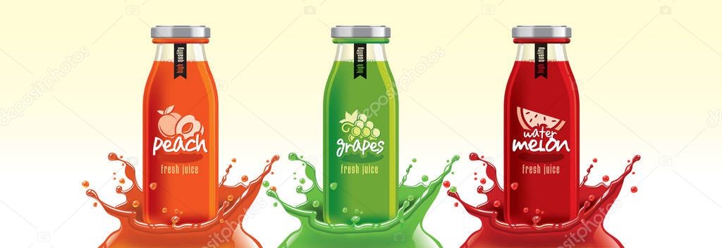 Fruit juice splash bottle set, peach, grape, watermelon sticker design.